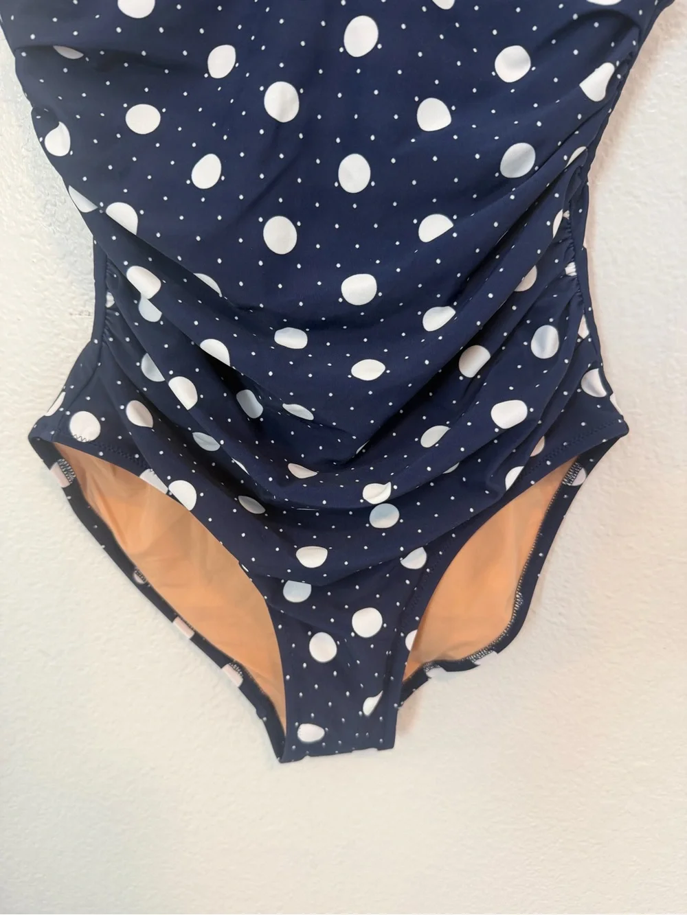 NWT J.Crew Factory Ruched Plunge One-Piece Swimsuit Navy White Polka Dot M